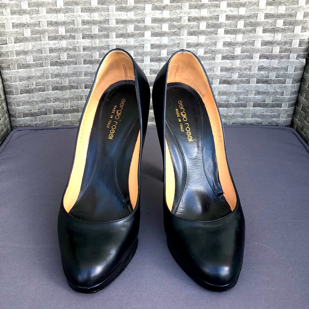 Sergio Rossi round toe black leather pumps, high heel 4.5”, platform 1/2”, 37!